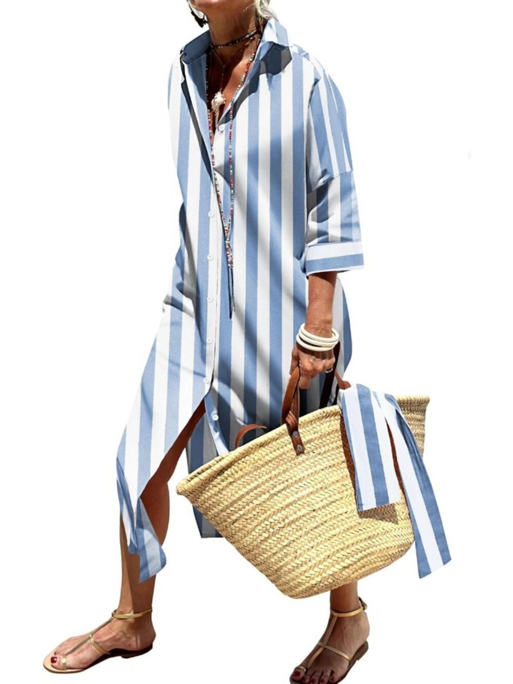Chic Striped Maxi Dress for Women | Cotton Summer & Fall Style with Belted Split